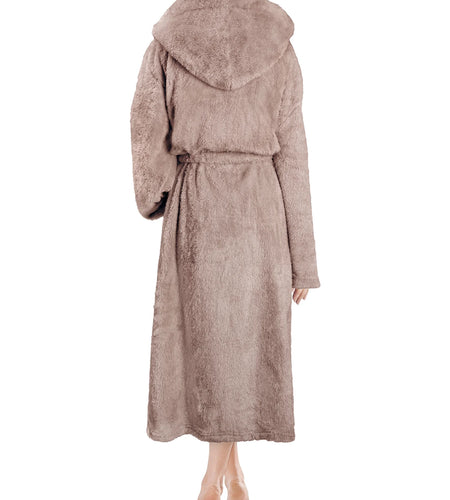 Women Hooded Plush Soft Robe | Fluffy Warm Fleece Sherpa Shaggy Bathrobe (S/M, Taupe)