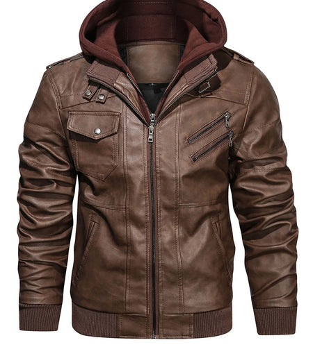 Men'S Pu Faux Leather Jacket with Removable Hood Brown 2XL