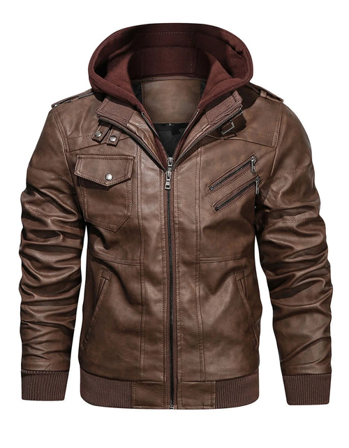 Load image into Gallery viewer, Men'S Pu Faux Leather Jacket with Removable Hood Brown 2XL
