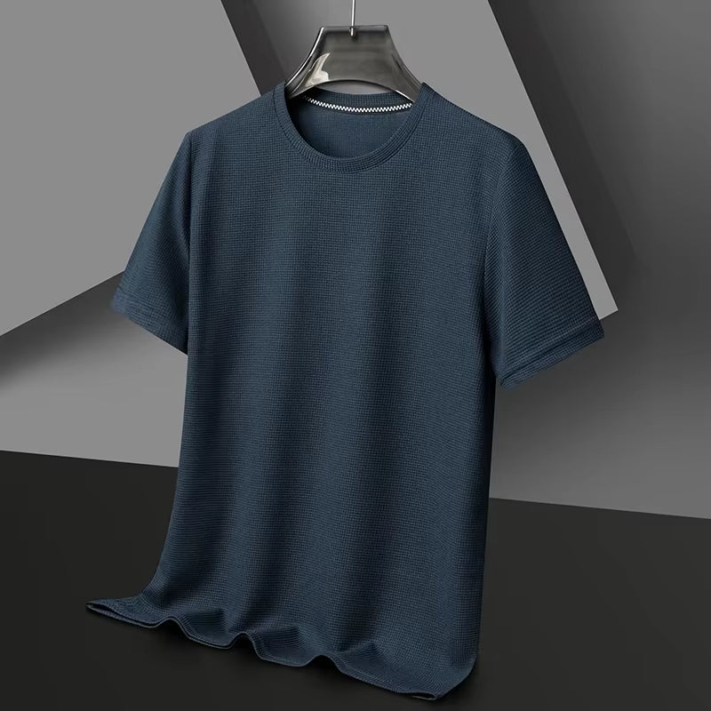 Short Sleeved Polo Shirshort Sleeved Waffle Solid Polot Fashion Splicing Men'S round Neck Top Cotton Daily Short Sleeved T-Shirt