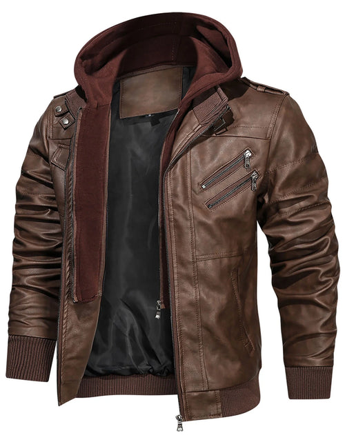 Load image into Gallery viewer, Men'S Pu Faux Leather Jacket with Removable Hood Brown 2XL
