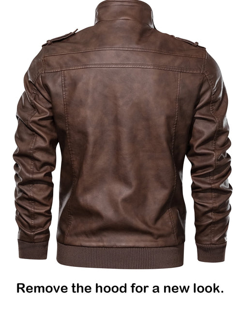Load image into Gallery viewer, Men'S Pu Faux Leather Jacket with Removable Hood Brown 2XL
