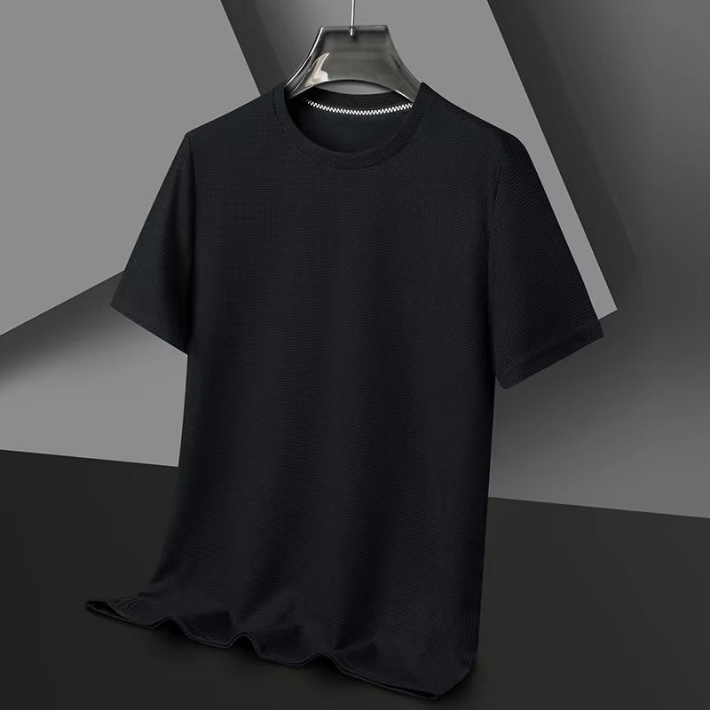 Short Sleeved Polo Shirshort Sleeved Waffle Solid Polot Fashion Splicing Men'S round Neck Top Cotton Daily Short Sleeved T-Shirt