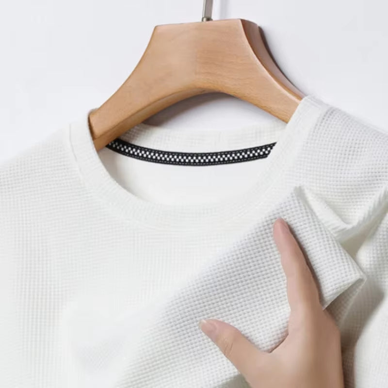 Short Sleeved Polo Shirshort Sleeved Waffle Solid Polot Fashion Splicing Men'S round Neck Top Cotton Daily Short Sleeved T-Shirt