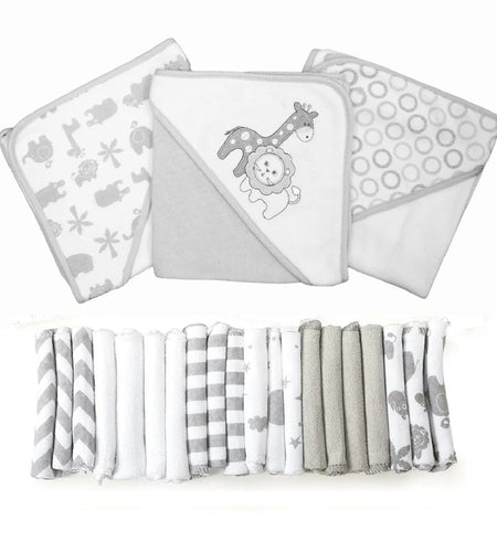 Bath Hooded Towels & Washcloths Set for Babies, 23-Piece Gift Set, Gray Lion