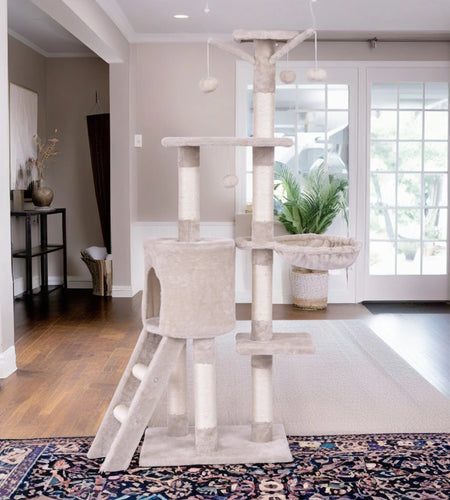 56" Cat Tree Tower for Indoor Cats with Ladder, Scratching Posts Cat Condo for Multiple Cats Jump Platform Cat Furniture Activity Center, Beige