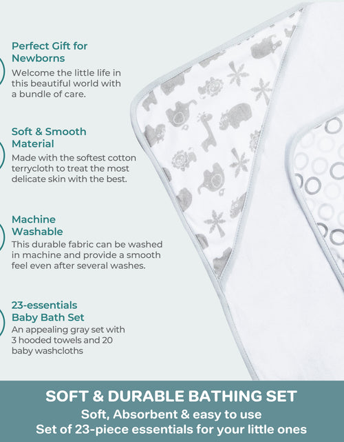 Load image into Gallery viewer, Bath Hooded Towels &amp; Washcloths Set for Babies, 23-Piece Gift Set, Gray Lion

