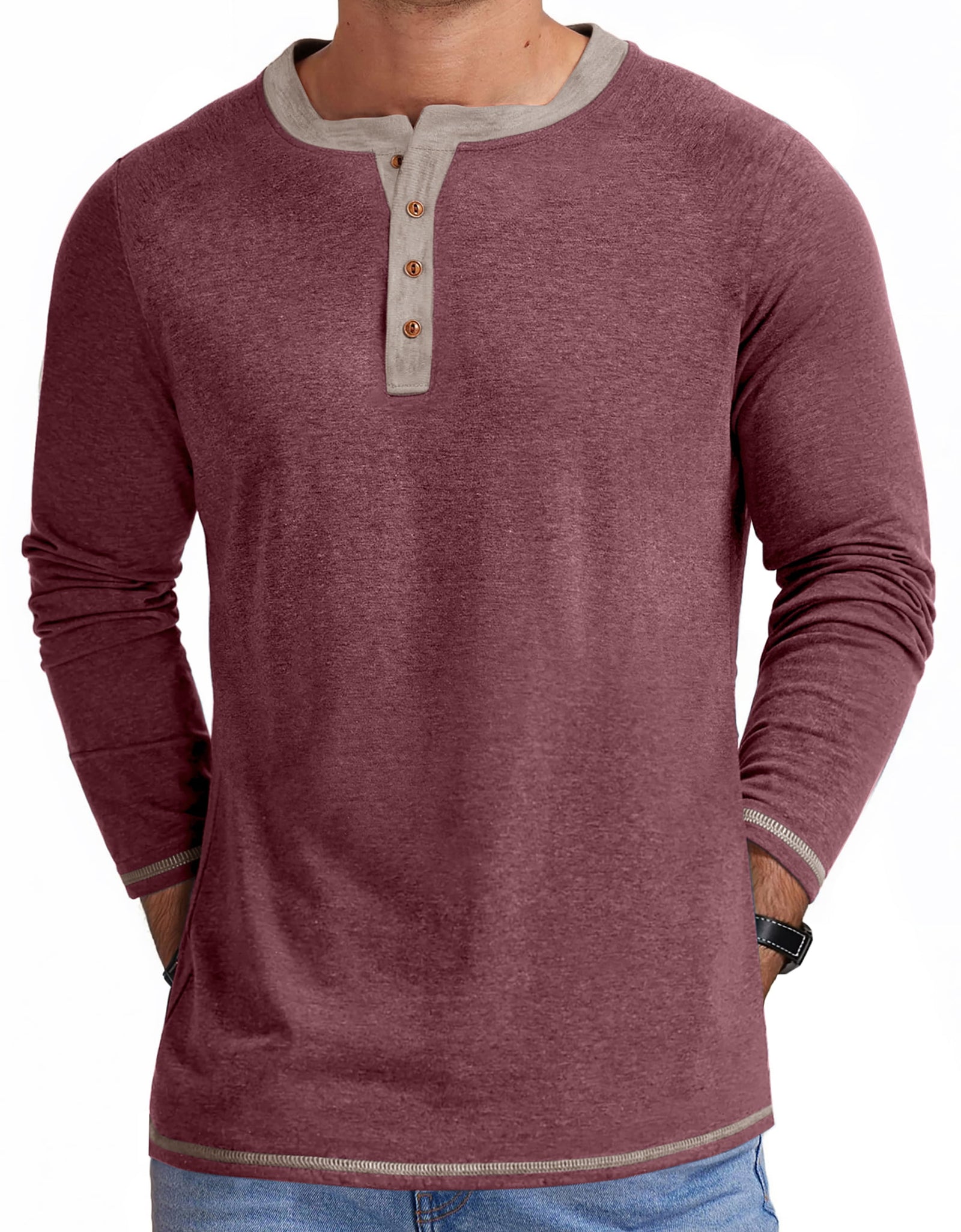 Crew Neck Henley Men Shirts Long Sleeve Shirts for Men Casual Color Block Tops