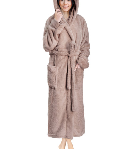 Women Hooded Plush Soft Robe | Fluffy Warm Fleece Sherpa Shaggy Bathrobe (S/M, Taupe)