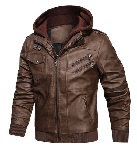 Men'S Pu Faux Leather Jacket with Removable Hood Brown 2XL