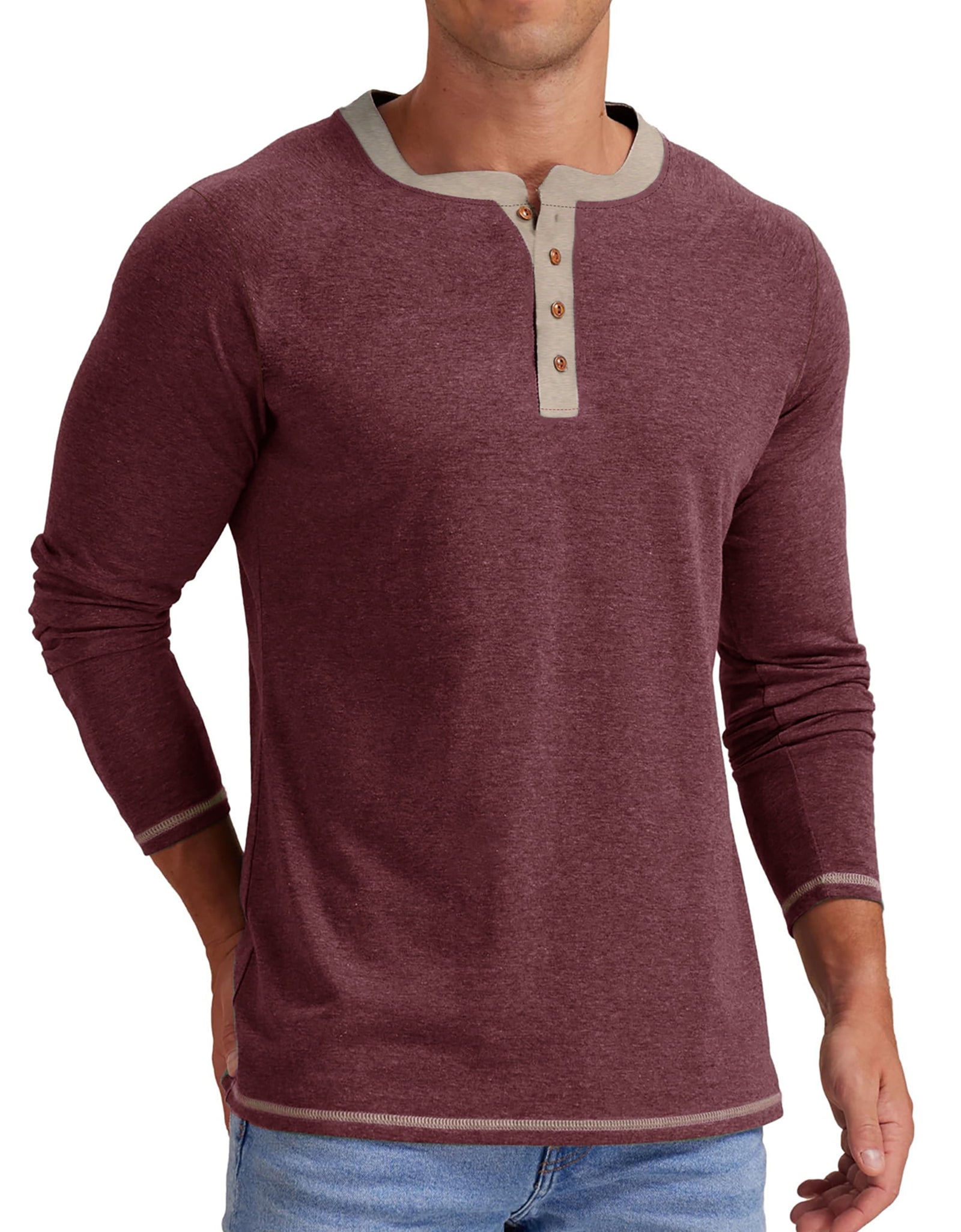 Crew Neck Henley Men Shirts Long Sleeve Shirts for Men Casual Color Block Tops