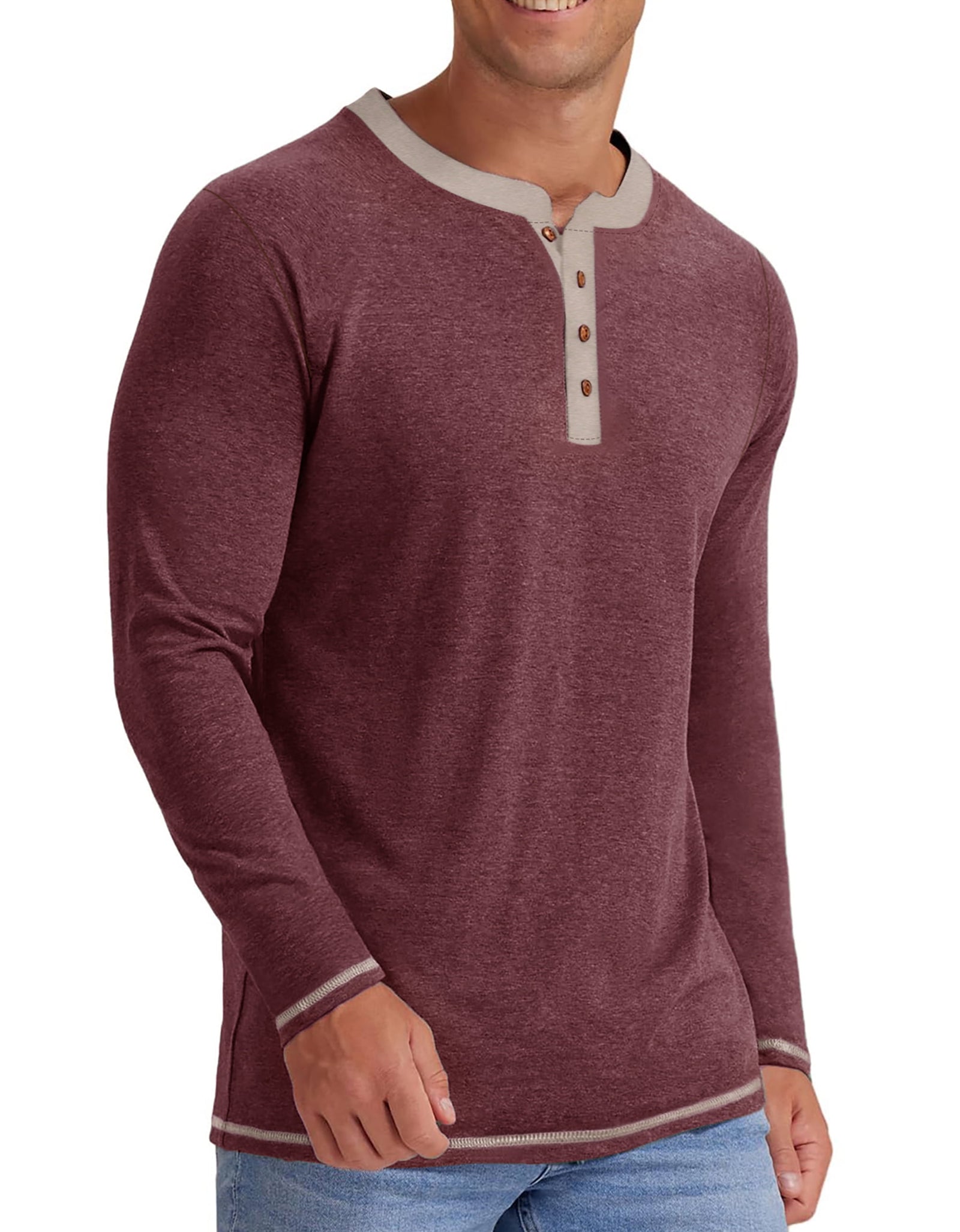 Crew Neck Henley Men Shirts Long Sleeve Shirts for Men Casual Color Block Tops